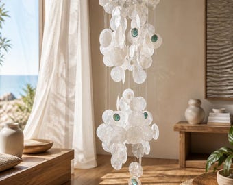 Capiz Shell Wind Chime - outdoor accessory, coastal beach tropical decor | Genuine Real seashell wind chime - Choose 35" or 12"
