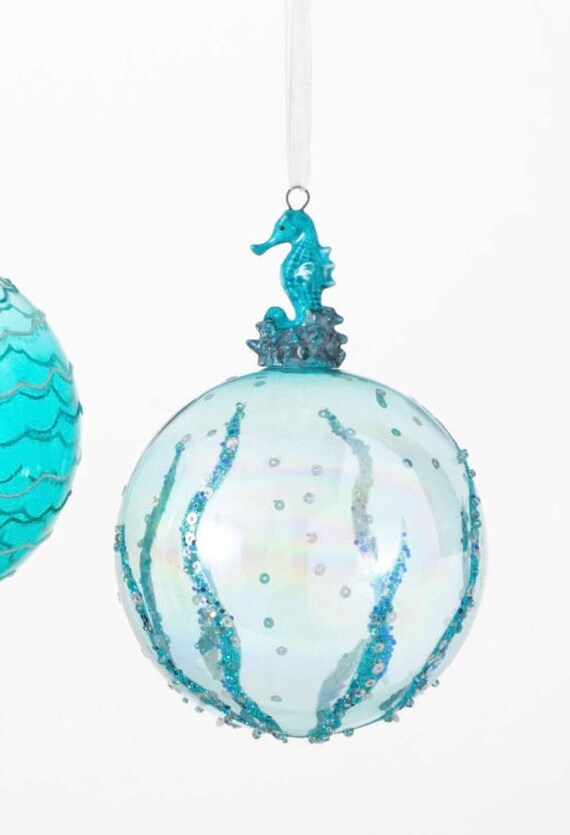 Beach Christmas Ornament Handpainted Aqua Glass Ornament Etsy