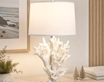 Coral Table Lamp – Coastal Beach House Decor, Lucite Base, Crystal Finial