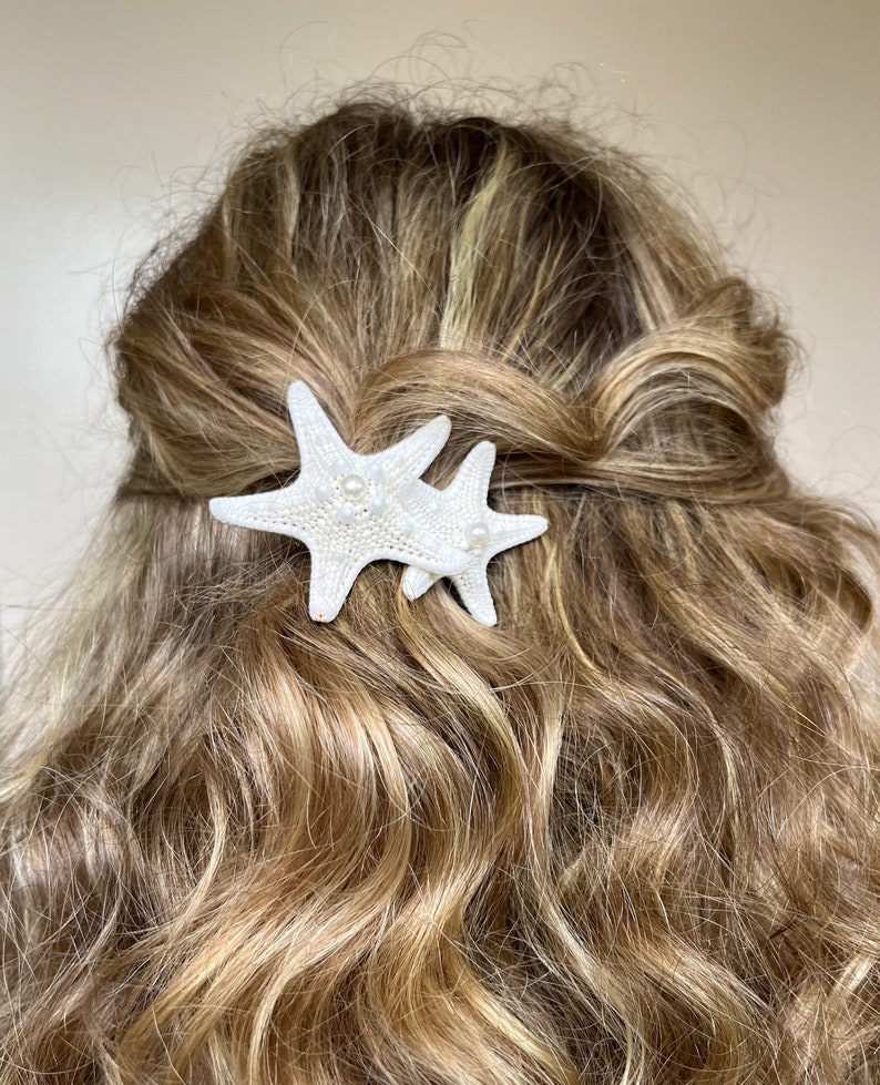 Natural Real Starfish Hair Barrette Choose Double or Triple Starfish with Pearls, Crystals or Plain Beach Hair Accessories, Wedding image 1