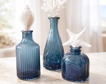 Set of 3 Glass Bottles with Natural Sea Life – Coastal Bathroom Decor