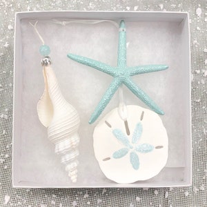 Beach Christmas Ornaments Gift Boxed Set of 3 Ornaments Natural Starfish, Sand Dollar & Spindle Shell coastal Xmas gift image 1