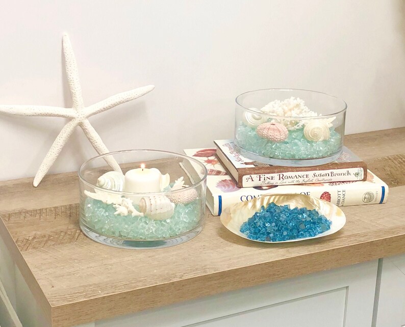 Beach Decor Glass Bowl Display with Natural Seashells Coral Etsy