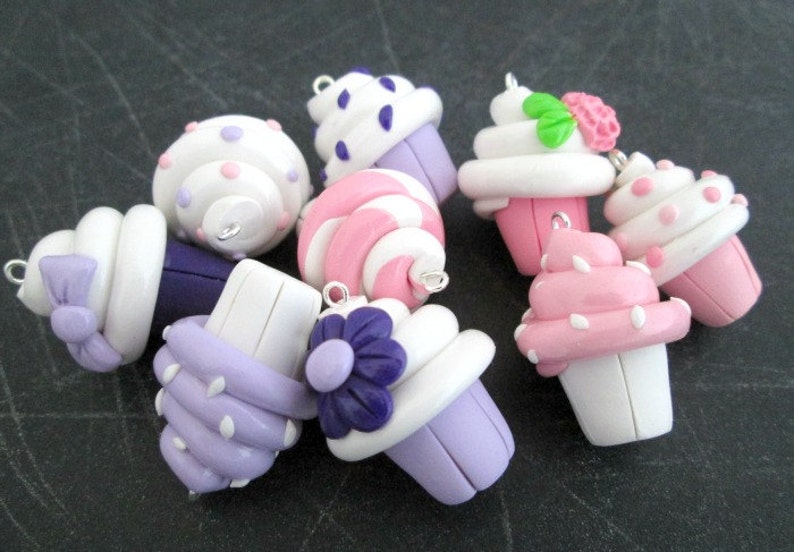 Set of 3 Pink /& Purple Polymer Clay Cupcake Charms