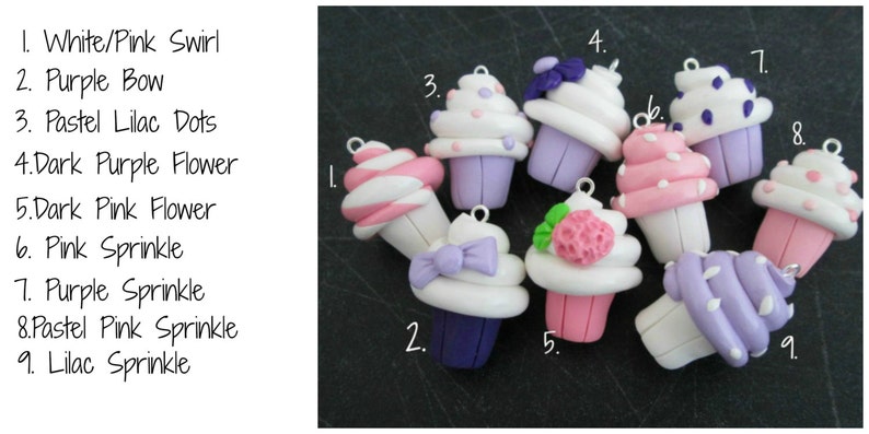 Set of 3 Pink /& Purple Polymer Clay Cupcake Charms
