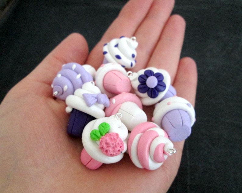 Set of 3 Pink /& Purple Polymer Clay Cupcake Charms