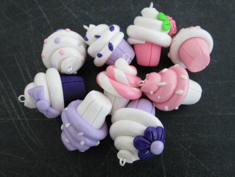 Set of 3 Pink /& Purple Polymer Clay Cupcake Charms