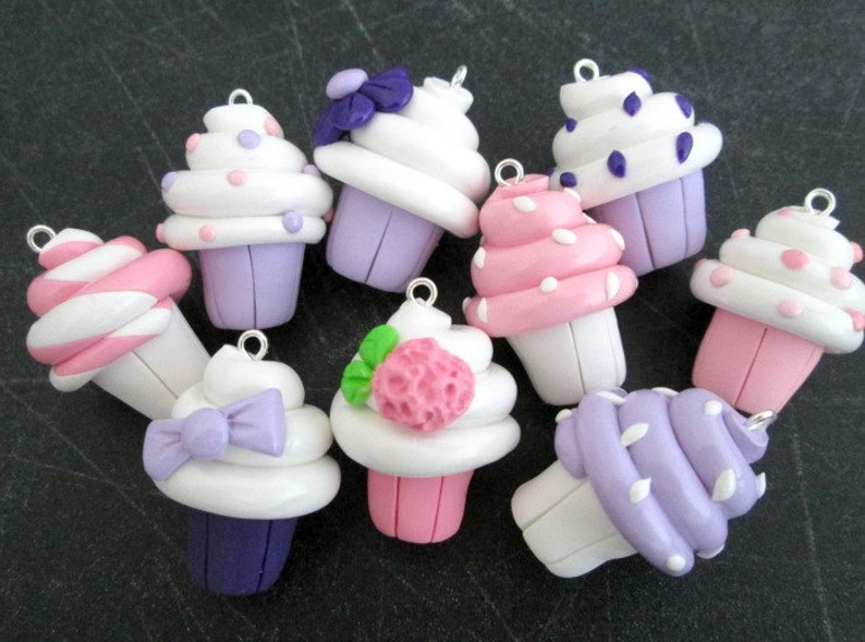 Set of 3 Pink /& Purple Polymer Clay Cupcake Charms