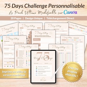 Peut inclure: Un planificateur numérique avec le texte "75 Days Challenge" sur la couverture. Le planificateur est ouvert à une page avec une liste d'objectifs et un calendrier. Le planificateur est entouré d'autres pages du planificateur, qui sont toutes dans un schéma de couleurs brun clair. Le texte "Crée tes propres objectifs!" est sur un autocollant en forme d'étoile dorée.