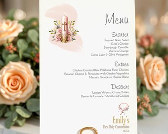 Personalized First Communion Menu Cards, Modern Baptism Dinner Menu Set
