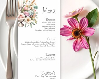 Personalized First Holy Communion Menu Cards, Modern Baptism Dinner Menu Set