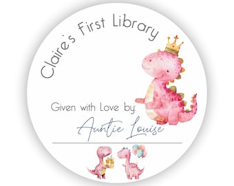 Personalized Pink-Dino Baby's First Library Labels, Bookplate, Set of 48 (Dino-blue) Personalized Bookplate