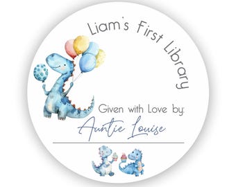 Personalized Blue-Dino Baby's First Library Labels, Bookplate, Set of 48 (Dino-blue) Personalized Bookplate