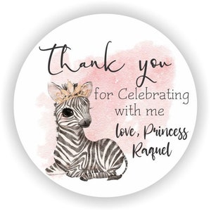 Baby Zebra Baby Shower Stickers - Cute Princess Zebra Birthday Labels -  Thank You for Celebrating With Me Birthday Stickers