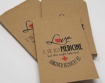 Wedding Favor Paper Bags - Love is the best Medicine - Brown Paper Bags - Hangover Kit Paper Bags - Set of 40 Bags