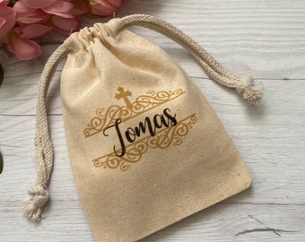 Baptism Muslin Favor Bags - First Communion Theme Birthday Favor Bag - Communion Personalized Muslin Bags