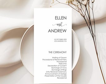 Personalized Printed Wedding Programs, Set of 20 Wedding Menu, Modern Wedding Programs, Simple Program, Wow Renewal, Birthday, Sweet Sixteen