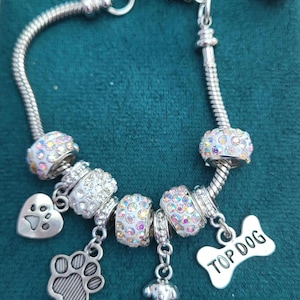 Dog charm bracelet,  sparkle spacers, dog lover charm bracelet,  silver charms, animal charms, dog charm, love dog, paw print charm