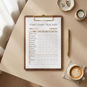 May include: A wooden clipboard with a gold clip holds a "DAILY HABIT TRACKER" sheet for October 2024. A gold pen, a cup of coffee, a small candle, and a decorative dish are on the table. The habit tracker includes spaces for journaling, meditation, and hydration.