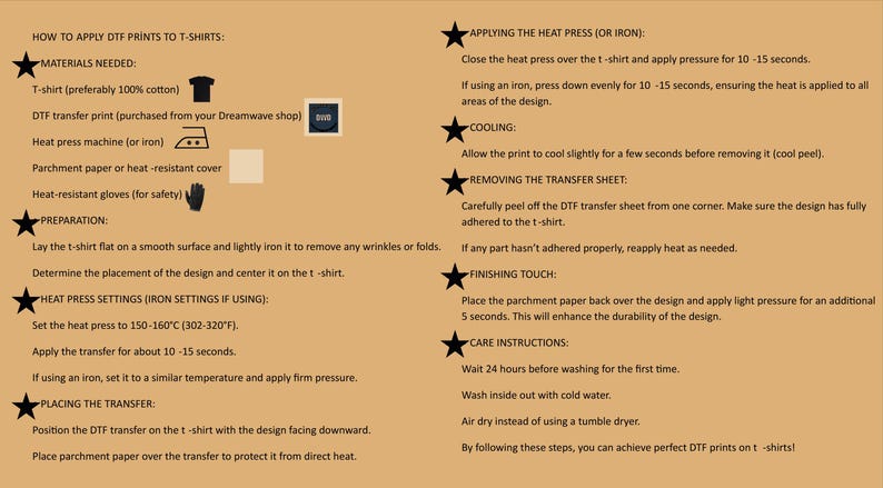May include: A beige background with black text outlining the steps on how to apply DTF prints to t-shirts. The text includes a list of materials needed, preparation steps, heat press settings, placing the transfer, applying the heat press, cooling, removing the transfer sheet, finishing touch, and care instructions.