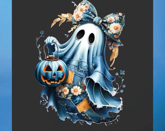 May include: A blue ghost illustration holding a jack-o'-lantern. The ghost has a floral bow and patchwork denim-style clothing. The image includes the text "READY TO PRESS" and "DTF TRANSFER".