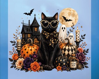 Black Cat With Glasses Dtf Print, Ghost, Pumpkin, Halloween Ready To Press