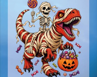 Halloween DTF Transfer, Skeleton Riding T-Rex Ready To Press