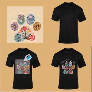 May include: Two black t-shirts with a paw print design featuring colorful flowers and the text "All you need is love and a dog".