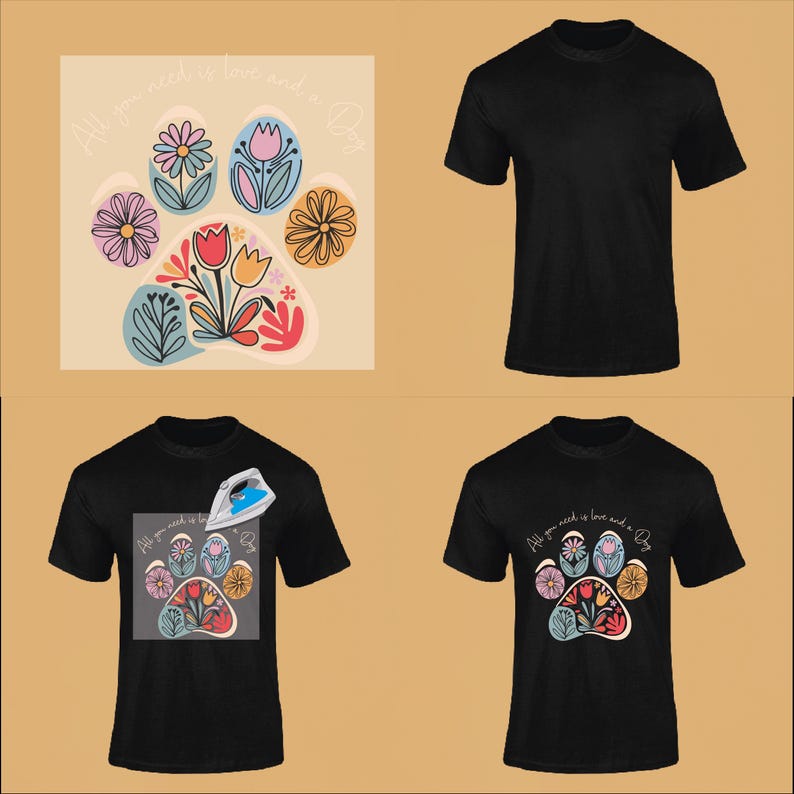 May include: Two black t-shirts with a paw print design featuring colorful flowers and the text "All you need is love and a dog".