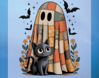 Cute Patchwork Ghost Dtf Print, Halloween Ghost Dtf Ready To Press, Halloween Black Cat Dtf, For Kids Design Dtf Transfer, Heat Transfer