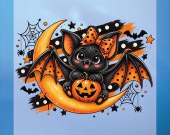 Cute Bat Dtf Transfer, Halloween Ready To Press, Moonlight Dtf