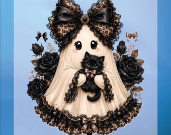 Halloween DTF Print, Preppy Ghost Coquette Bow Ready To Press, Black Cat Heat Transfer