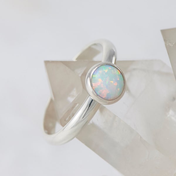 Opal Ring - Silver Opal Ring- White Opal Engagement Ring - Solitaire Opal Ring- Sterling Silver Gemstone Ring- October birthstone