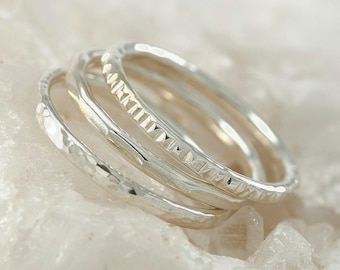 Silver Stacking Ring Set, 3 Finishes Stackable Rings, 3 Different Textures Stacking Rings Set, Thin Hammered Bands, Silver Hammered Rings