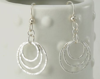 Hammered Sterling Silver Triple Hoop Earrings - Lightweight Dangle Earrings - Circle Trio