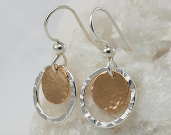 Hammered Sterling Silver Hoop Earrings with Gold Disc