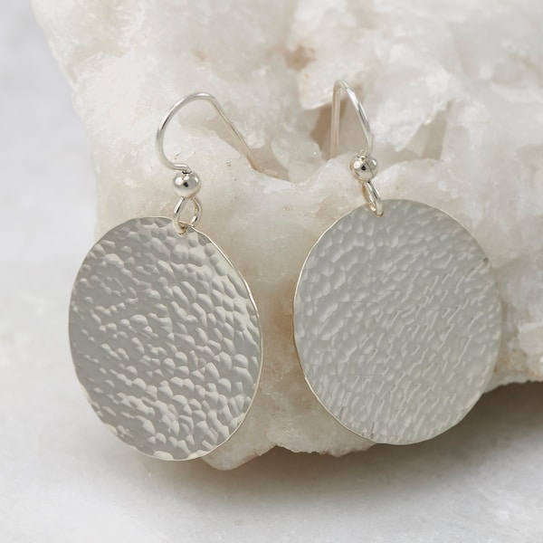 Silver Hammered Disc Earrings- Large Sterling Silver Earrings- Silver Hoop Earrings- Dangle Earrings- Large Disc Earrings