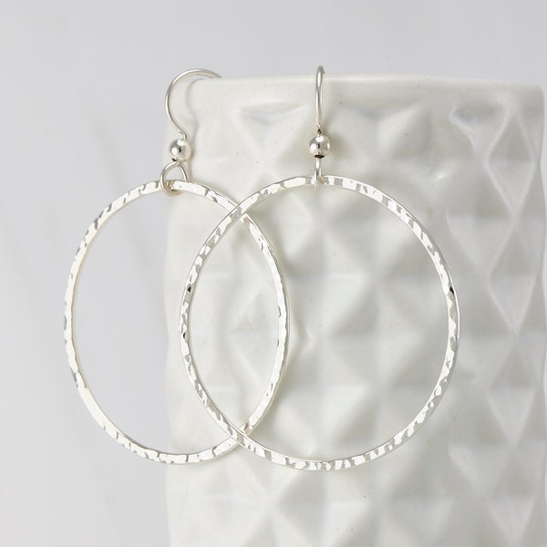 Large Hammered Silver Hoops- Hammered Hoop Earrings- Large Hoop Earrings- Hammered Sterling Hoop Earrings- Simple Silver Hoops