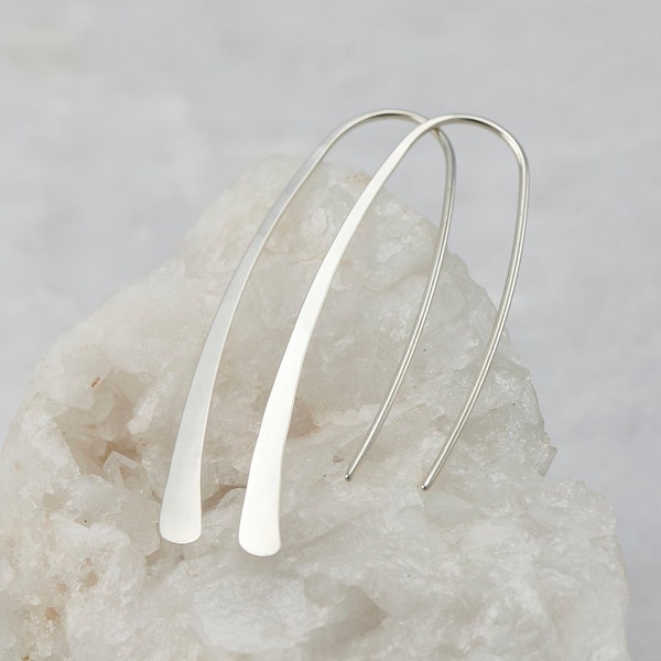 Open Hoop Earrings- Long Silver Earrings - Arc Ear Threaders -Threader Arc Hoops- Simple Silver Earrings- Modern Minimalist Dangle Earrings