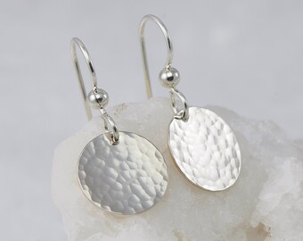 Sterling Silver Hammered Disc Earrings- Simple Silver Earrings- Everyday Dangle Earrings- Small Disc Earrings