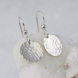 Sterling Silver Hammered Disc Earrings- Simple Silver Earrings- Everyday Dangle Earrings- Small Disc Earrings