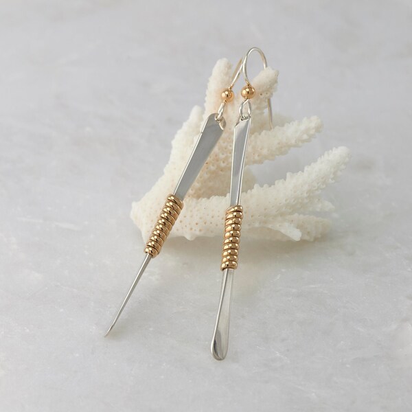 Silver Gold Bar Earrings- Long Sterling Silver Earrings- Silver Gold Stick Earrings- Long Bar Earrings- Silver Stick Dangle Earrings
