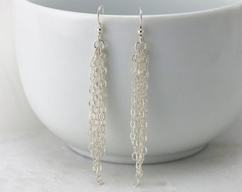 Silver Chandelier Earrings- Long Chain Earrings- Silver Tassel Earrings- Fringe Earrings- Chain Dangle Earrings