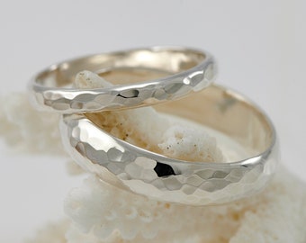 Ensemble de bagues de mariage, son et Sienne couples anneaux-son et Sienne bande de mariage ensemble-martelé anneaux de mariage, bagues de mariage en argent, ensemble de bague de mariage