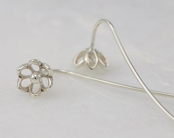 Silver Flower Earrings- Sterling Silver Dangle Earrings- Long Sterling Silver Earrings- Threader Earrings