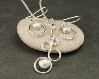 Pearl Necklace, Pearl Earrings- Pearl Jewelry Set- Sterling Silver Pearl Wedding Jewelry Set- 2 piece set