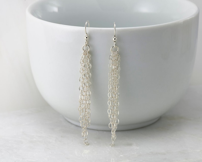 Silver Chandelier Earrings Long Chain Earrings Silver Tassel Earrings Fringe Earrings Chain Dangle Earrings image 1