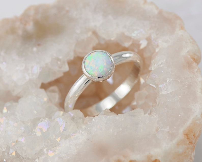 Opal Ring Silver Opal Ring White Opal Engagement Ring Solitaire Opal Ring Sterling Silver Gemstone Ring October birthstone image 2