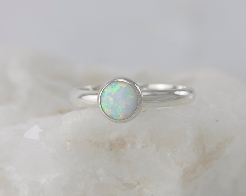 Opal Ring Silver Opal Ring White Opal Engagement Ring Solitaire Opal Ring Sterling Silver Gemstone Ring October birthstone image 5