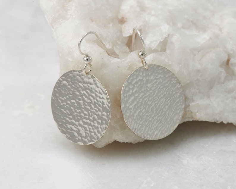 Silver Hammered Disc Earrings Large Sterling Silver Earrings Etsy